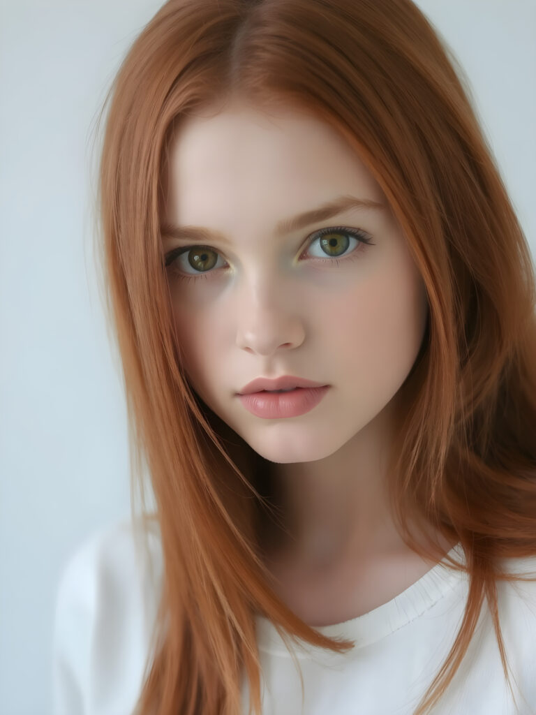 a teen girl in a perfect portrait shot, 1:3, with straight soft long red hair, detailed round face, full lips, amber eyes, cute and stunning, light grey backdrop