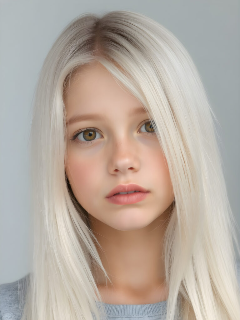 a teen girl in a perfect portrait shot, 1:3, with straight soft long white hair, detailed round face, full lips, amber eyes, cute and stunning, light grey backdrop