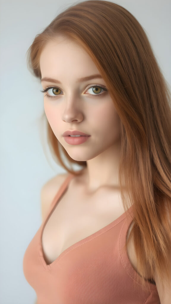 a teen girl in a perfect portrait shot, 1:3, with straight soft long red hair, detailed round face, full lips, amber eyes, she wears a cropped tank top with deep v-neck, cute and stunning, light grey backdrop