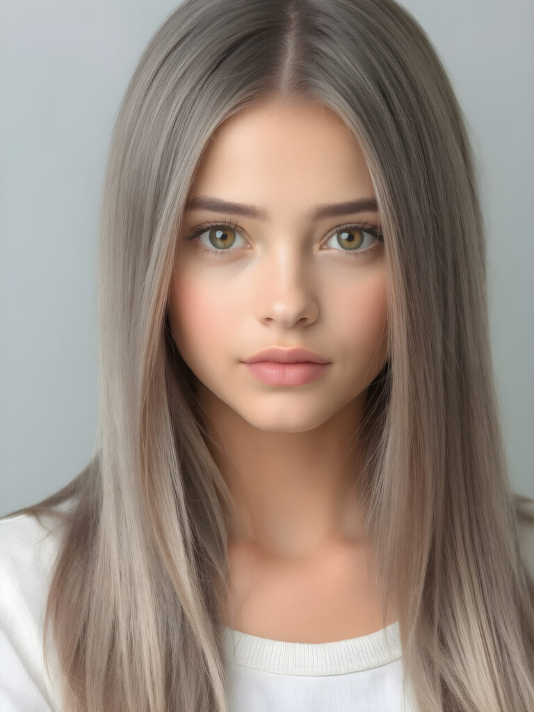 a teen girl in a perfect portrait shot, 1:3, with straight soft long ash grey hair, detailed round face, full lips, amber eyes, cute and stunning, light grey backdrop