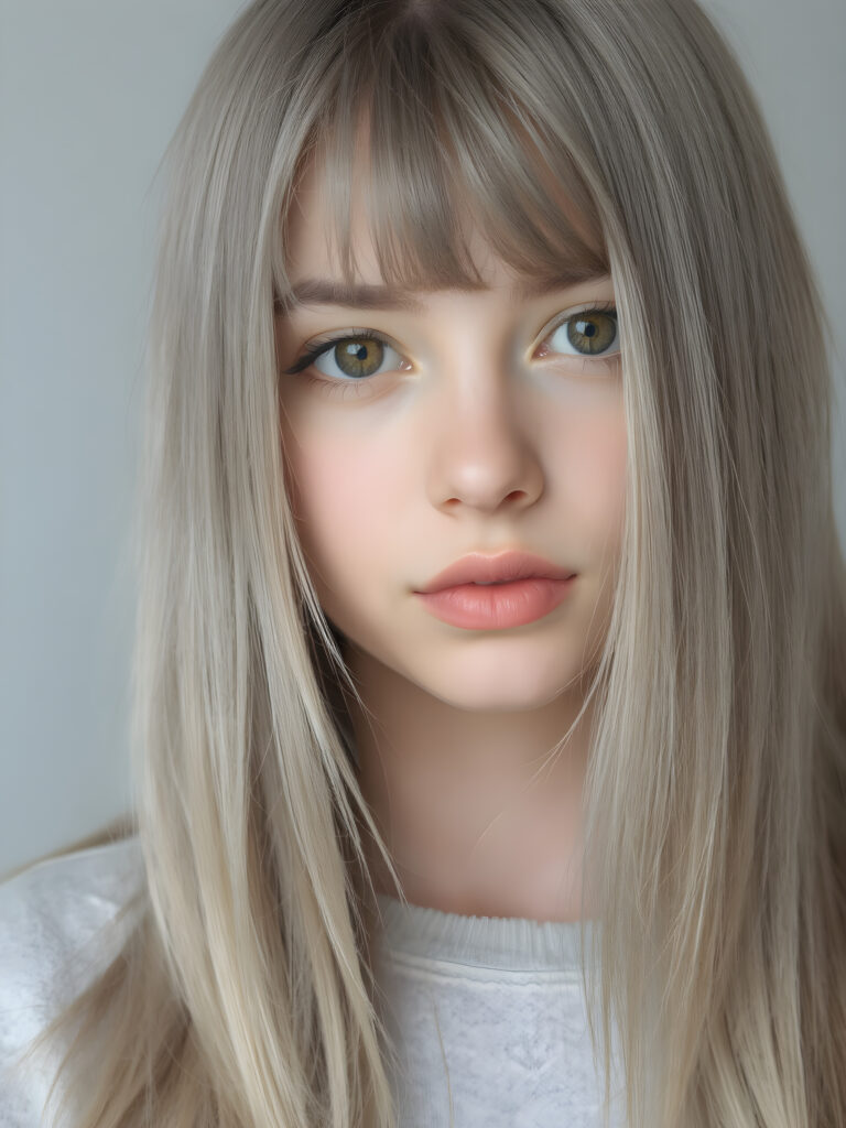 a teen girl in a perfect portrait shot, 1:3, with straight soft long ash grey hair, detailed round face, full lips, amber eyes, cute and stunning, light grey backdrop