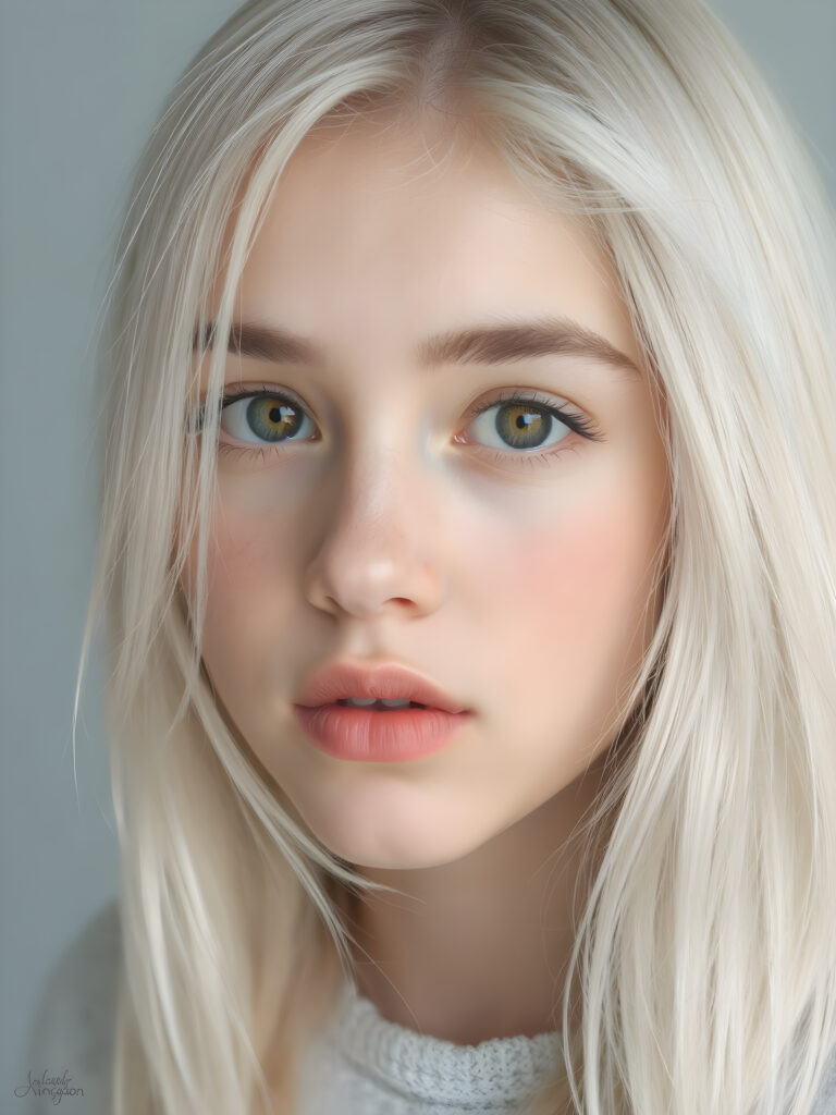 a teen girl in a perfect portrait shot, 1:3, with straight soft long white hair, detailed round face, full lips, amber eyes, cute and stunning, light grey backdrop