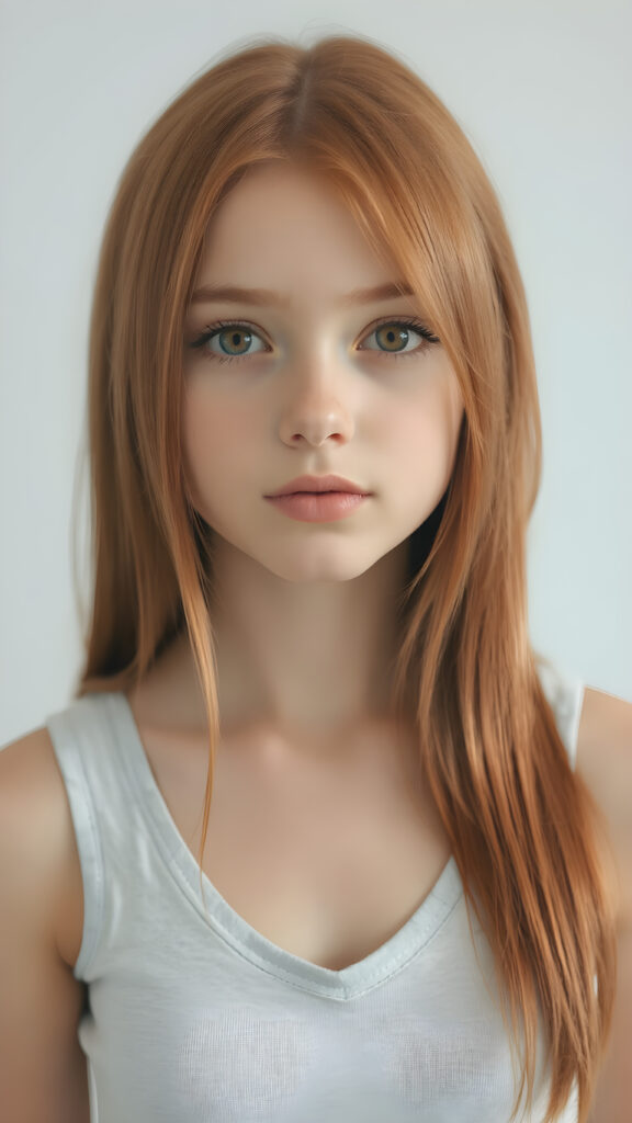 a teen girl in a perfect portrait shot, 1:3, with straight soft long red hair, detailed round face, full lips, amber eyes, she wears a cropped tank top with deep v-neck, cute and stunning, light grey backdrop