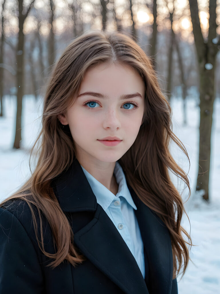 a teen girl is falling in love, ((perfect, detailed portrait)), she has long brown hair, ((light blue eyes)), wears a black coat