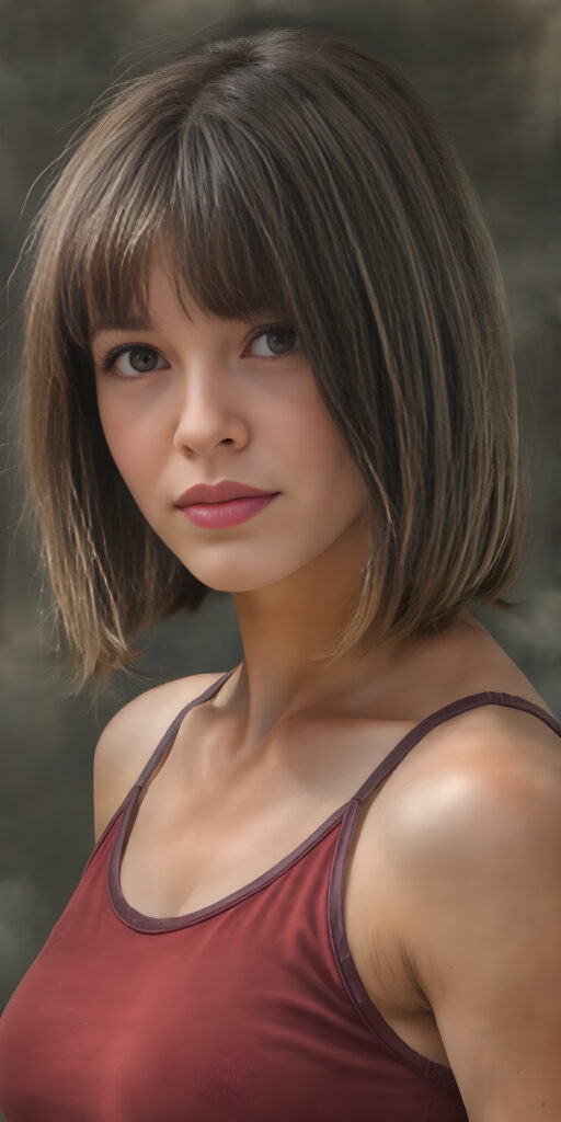 a teen girl, perfect fit body, sport top, bob cut, straight hair