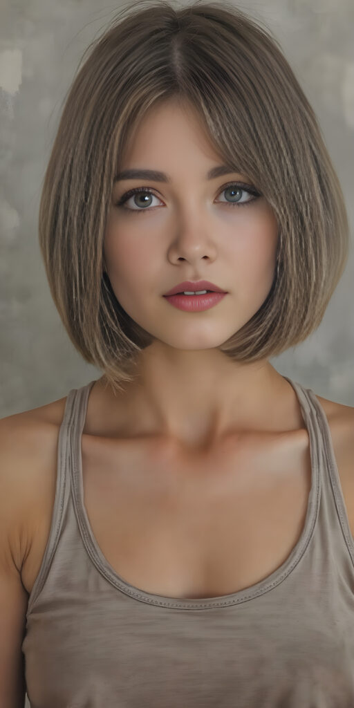 a teen girl, perfect fit body, sport top, bob cut, straight hair