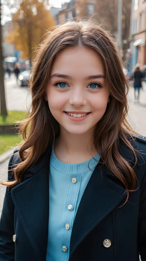 a teen girl, she is very happy and laugh, ((perfect, detailed portrait)), she has long brown hair, ((light blue eyes)), wears a black coat