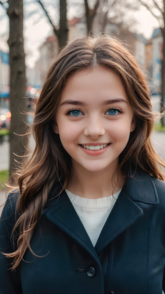 a teen girl, she is very happy and laugh, ((perfect, detailed portrait)), she has long brown hair, ((light blue eyes)), wears a black coat