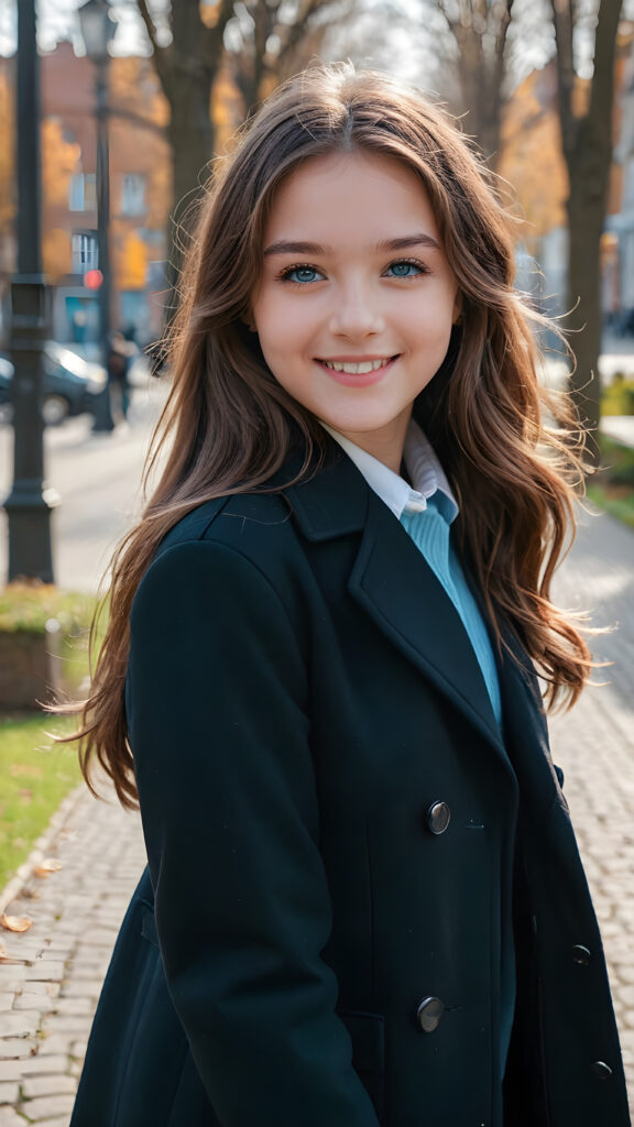 a teen girl, she is very happy and laugh, ((perfect, detailed portrait)), she has long brown hair, ((light blue eyes)), wears a black coat