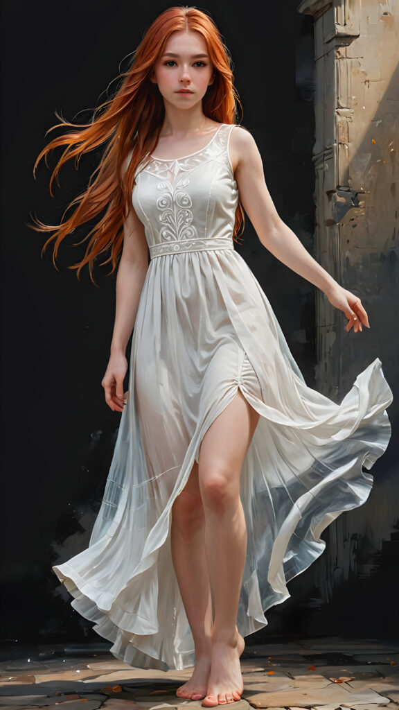 a teen girl with red long straight hair, a beautiful, full body view dark souls ((transparent white long dress)), bare feet