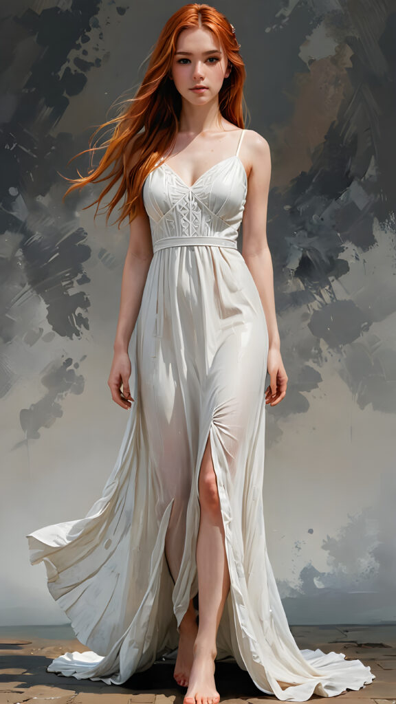 a teen girl with red long straight hair, a beautiful, full body view dark souls ((transparent white long dress)), bare feet