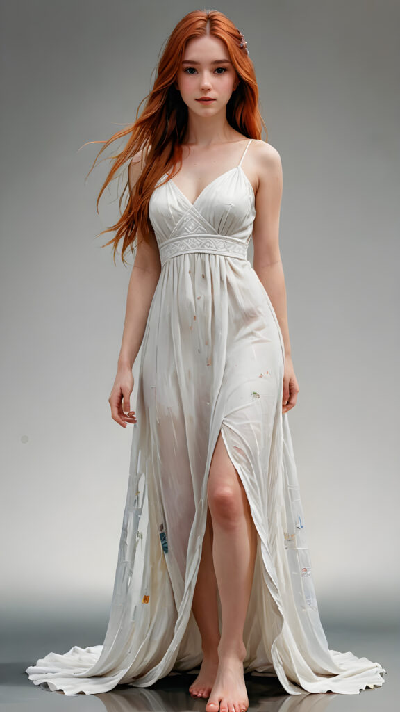 a teen girl with red long straight hair, a beautiful, full body view dark souls ((transparent white long dress)), bare feet