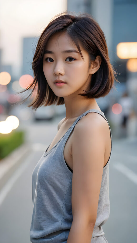 a (((teenage Korean girl))) with flowing, side-swept bangs and short, sleek hair framing her face, elegantly dressed in a (((grey tank top))), exuding an air of modern sophistication