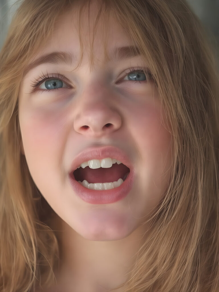 a teenage girl with orange hair, freckles, long soft hair, detailed face, looks up, wide open mouth, white teeth, ((half closed eyes)), side view, full kissable lips