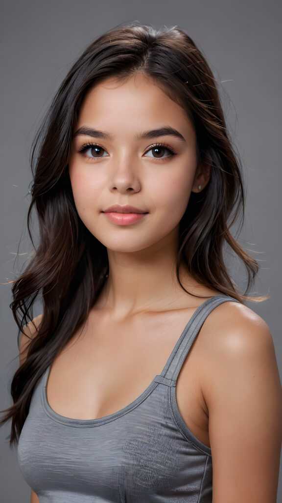 a teenage girl, full detailed and realistic portrait, ((round face)), flawless, young and smooth skin, full lips, her deep brown eyes sparkle, ((obsidian long, straight soft shiny hair)), a warm smile enchants the viewer, perfect curved body, wears a ((super short crop tank top)), ((gorgeous)) ((stunning)) ((grey background)) ((cute))