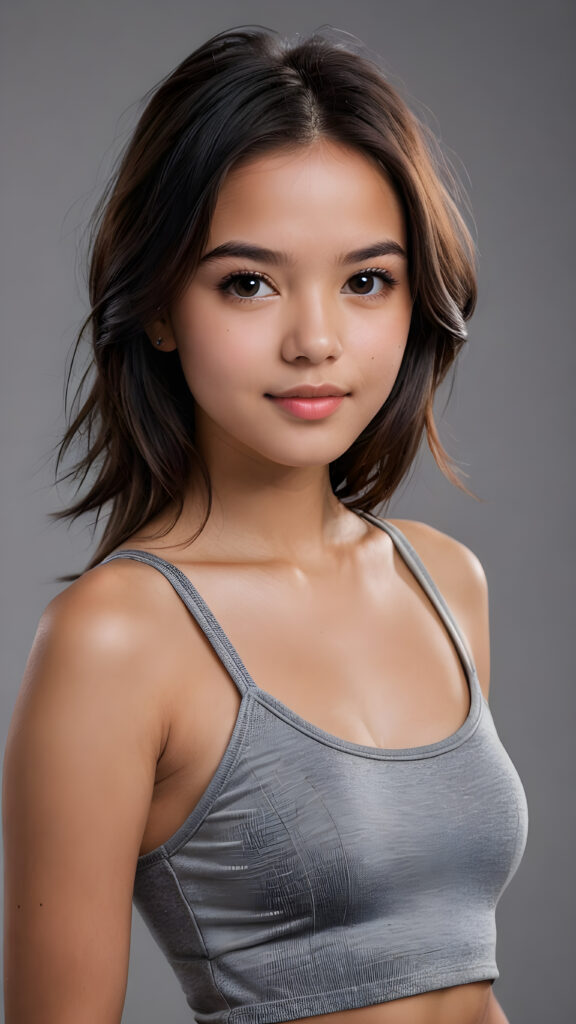 a teenage girl, full detailed and realistic portrait, ((round face)), flawless, young and smooth skin, full lips, her deep brown eyes sparkle, ((obsidian long, straight soft shiny hair)), a warm smile enchants the viewer, perfect curved body, wears a ((super short crop tank top)), ((gorgeous)) ((stunning)) ((grey background)) ((cute))