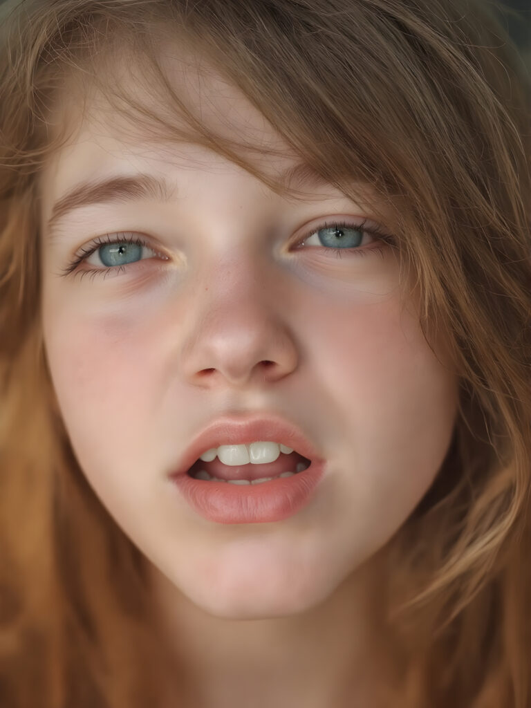 a teenage girl with orange hair, freckles, long soft hair, detailed face, looks up, wide open mouth, white teeth, ((half closed eyes)), side view, full kissable lips