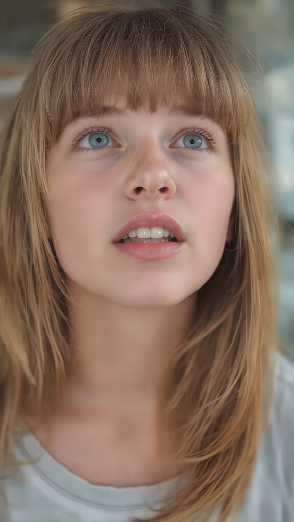 a teenage girl with straight orange soft hair, bangs, long hair, detailed face, looks up, round face, light green eyes wide open mouth, white teeth, full kissable lips, full head in focus