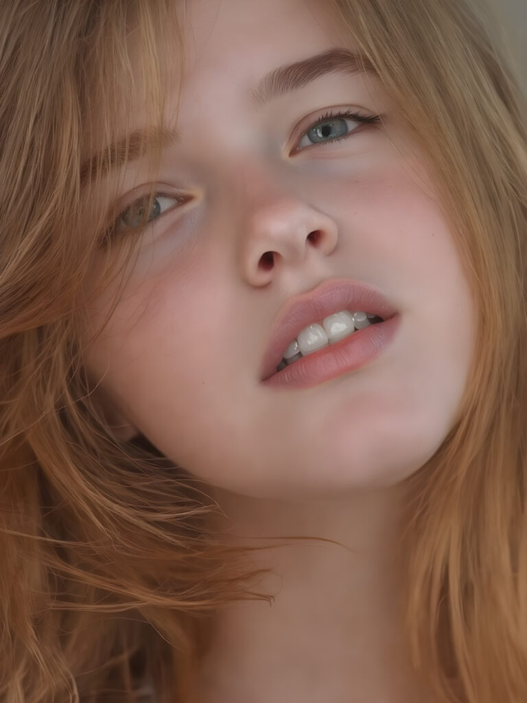 a teenage girl with orange hair, freckles, long soft hair, detailed face, looks up, wide open mouth, white teeth, ((half closed eyes)), side view, full kissable lips