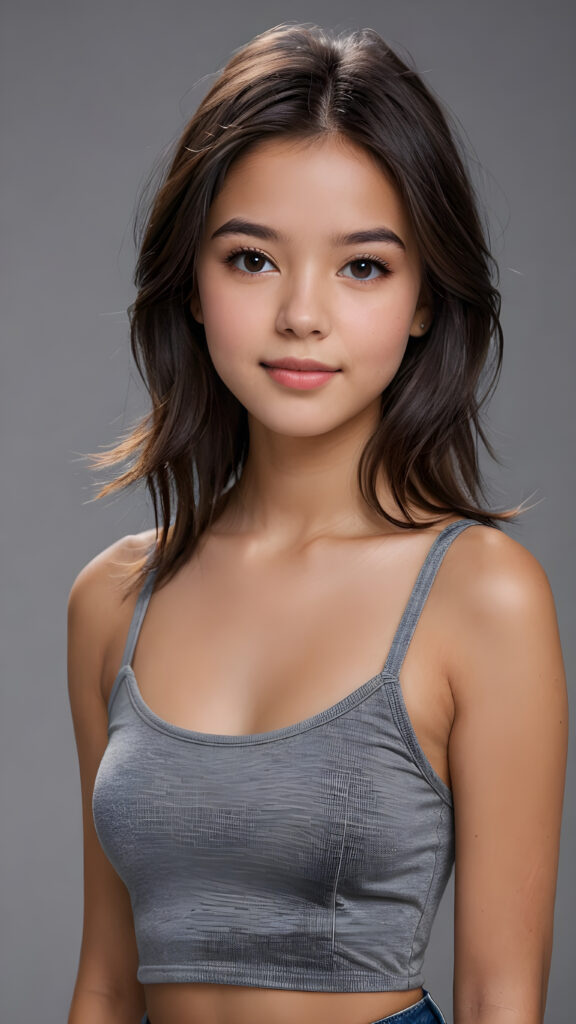 a teenage girl, full detailed and realistic portrait, ((round face)), flawless, young and smooth skin, full lips, her deep brown eyes sparkle, ((obsidian long, straight soft shiny hair)), a warm smile enchants the viewer, perfect curved body, wears a ((super short crop tank top)), ((gorgeous)) ((stunning)) ((grey background)) ((cute))