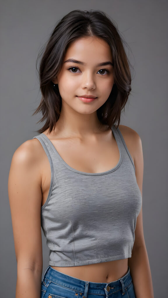 a teenage girl, full detailed and realistic portrait, ((round face)), flawless, young and smooth skin, full lips, her deep brown eyes sparkle, ((obsidian long, straight soft shiny hair)), a warm smile enchants the viewer, perfect curved body, wears a ((super short crop tank top)), ((gorgeous)) ((stunning)) ((grey background)) ((cute))