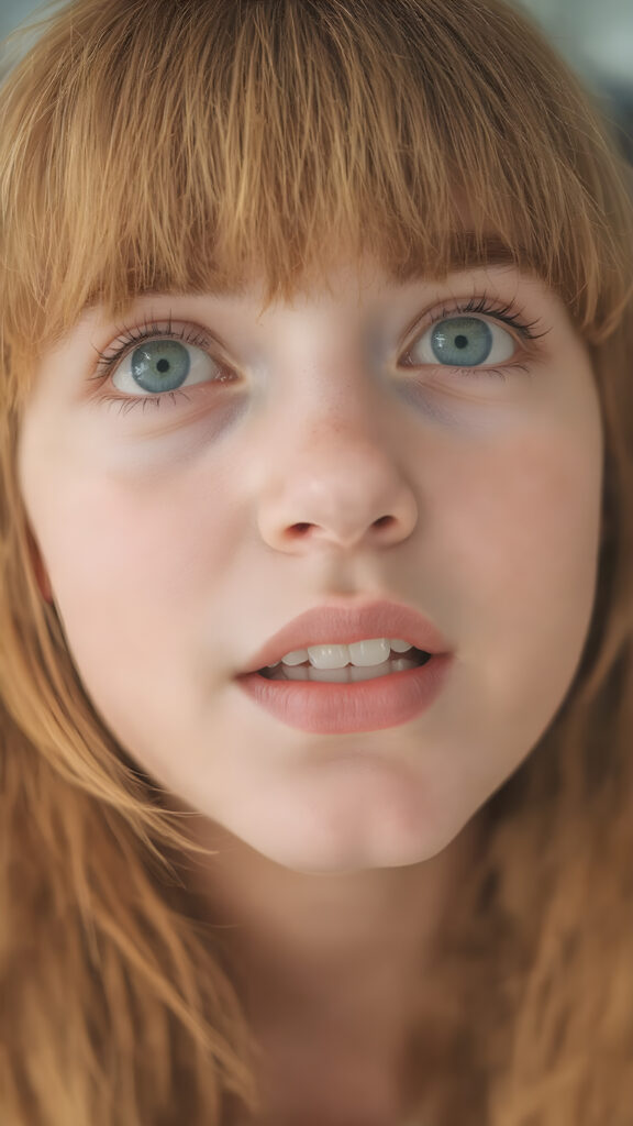 a teenage girl with straight orange soft hair, bangs, long hair, detailed face, looks up, round face, light green eyes wide open mouth, white teeth, full kissable lips, full head in focus