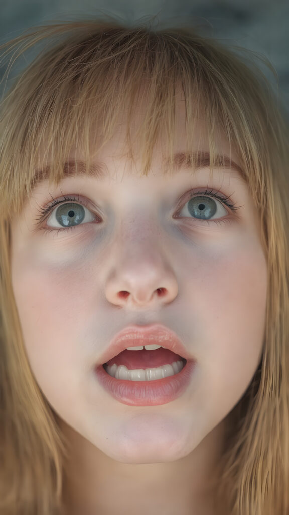 a teenage girl with straight orange soft hair, bangs, long hair, detailed face, looks up, round face, light green eyes wide open mouth, white teeth, full kissable lips, full head in focus