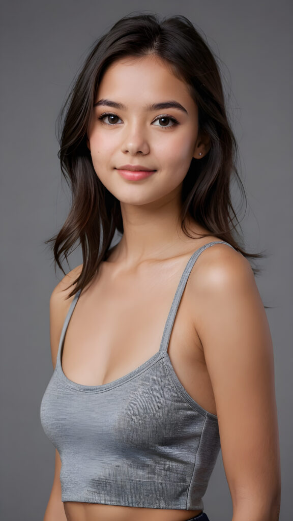 a teenage girl, full detailed and realistic portrait, ((round face)), flawless, young and smooth skin, full lips, her deep brown eyes sparkle, ((obsidian long, straight soft shiny hair)), a warm smile enchants the viewer, perfect curved body, wears a ((super short crop tank top)), ((gorgeous)) ((stunning)) ((grey background)) ((cute))