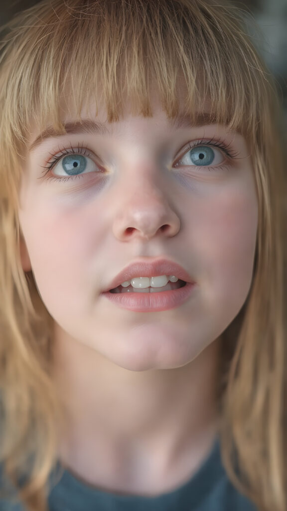 a teenage girl with straight orange soft hair, bangs, long hair, detailed face, looks up, round face, light green eyes wide open mouth, white teeth, full kissable lips, full head in focus