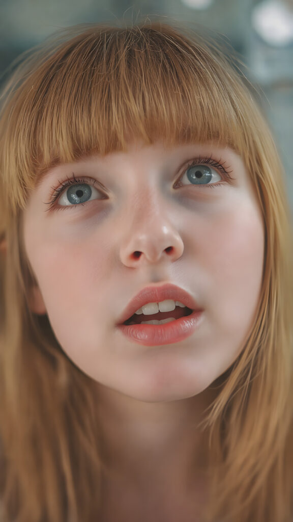 a teenage girl with straight orange soft hair, bangs, long hair, detailed face, looks up, round face, light green eyes wide open mouth, white teeth, full kissable lips, full head in focus