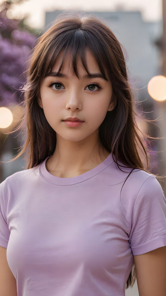 a thoughtful (((cute and petite girl))) with (long, soft, dark straight hair, bangs cut), soft lips and grey eyes that give off a romantic glow, ((wears a form-fitting tight light violet t-shirt))