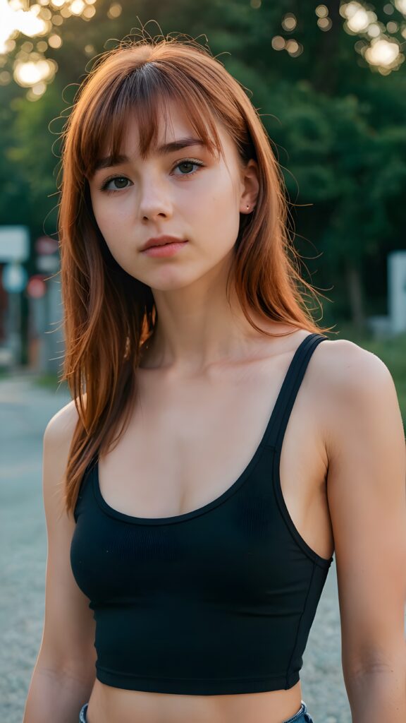 a thoughtful (((young cute teen and petite model girl))) with long soft, red straight hair framing her face, bangs, caught off guard as it cascades down her shoulders and covers her upper body in a in a plunge neck (((cropped low cut tank top)))