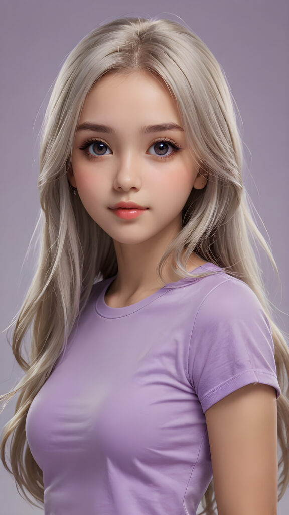 a thoughtful (((cute and petite girl))) with ((long, soft, white straight hair)), detailed round face, light brown realistic eyes, ((wears a form-fitting tight violet no printed t-shirt)), soft lips and grey eyes that give off a romantic glow