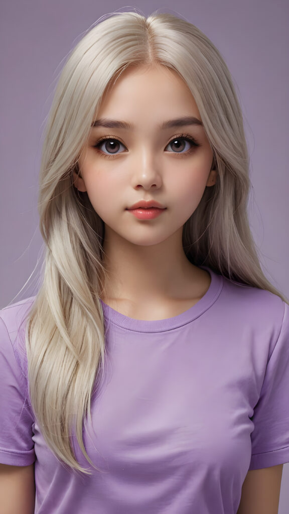 a thoughtful (((cute and petite girl))) with ((long, soft, white straight hair)), detailed round face, light brown realistic eyes, ((wears a form-fitting tight violet no printed t-shirt)), soft lips and grey eyes that give off a romantic glow