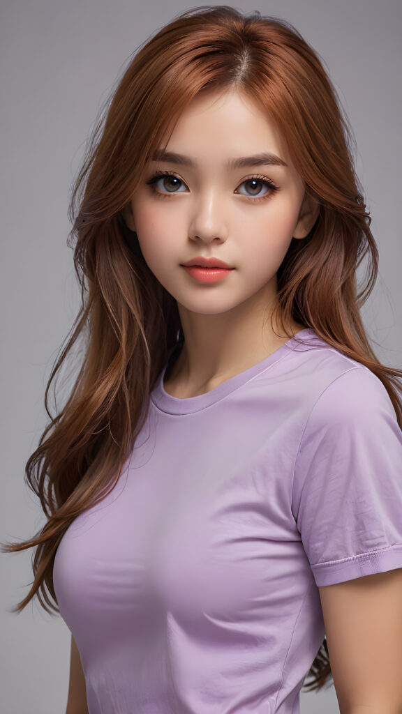 a thoughtful (((cute and petite girl))) with long, soft, red straight hair, detailed face, light brown realistic eyes, ((wears a form-fitting tight violet t-shirt)), soft lips and grey eyes that give off a romantic glow