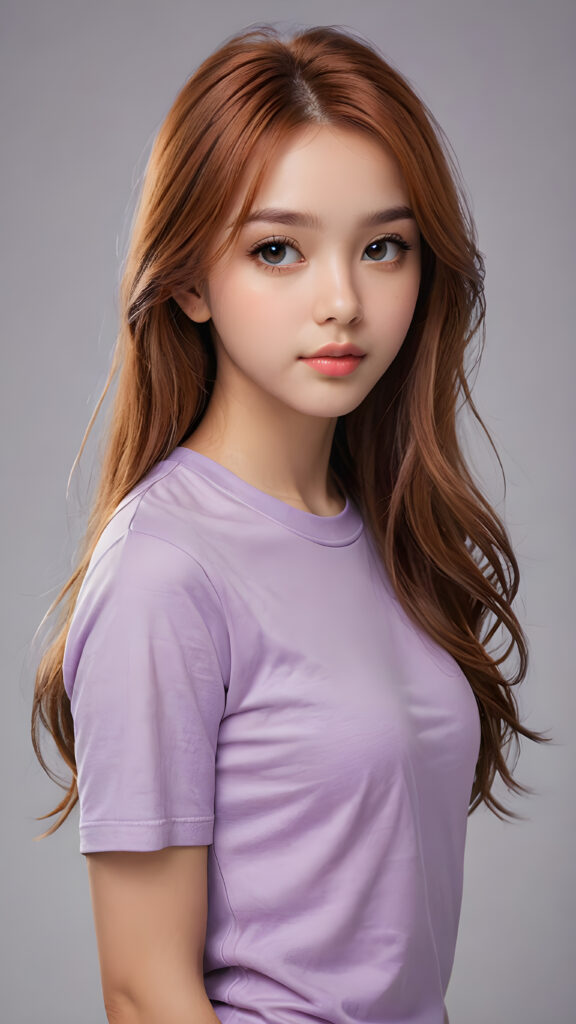 a thoughtful (((cute and petite girl))) with long, soft, red straight hair, detailed face, light brown realistic eyes, ((wears a form-fitting tight violet t-shirt)), soft lips and grey eyes that give off a romantic glow