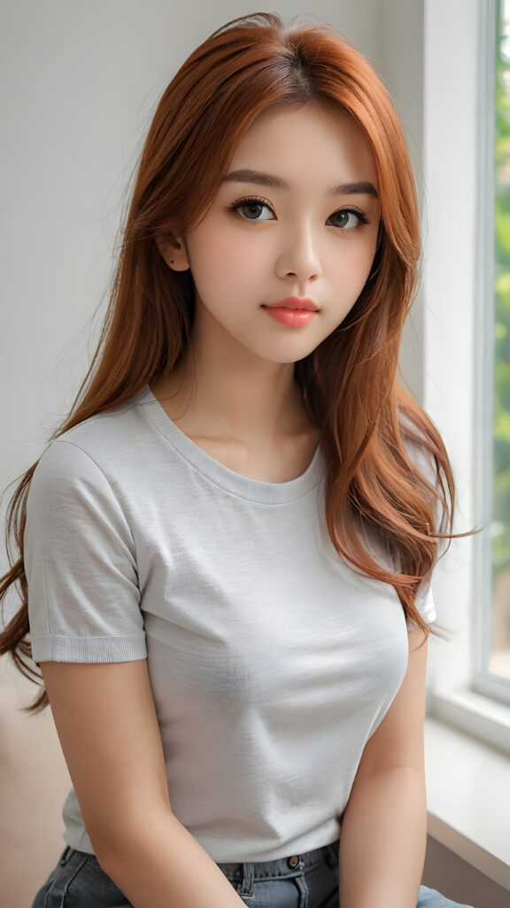 a thoughtful (((cute and petite girl))) with long, soft, red straight hair, soft lips and grey eyes that give off a romantic glow, wears a form-fitting tight t-shirt