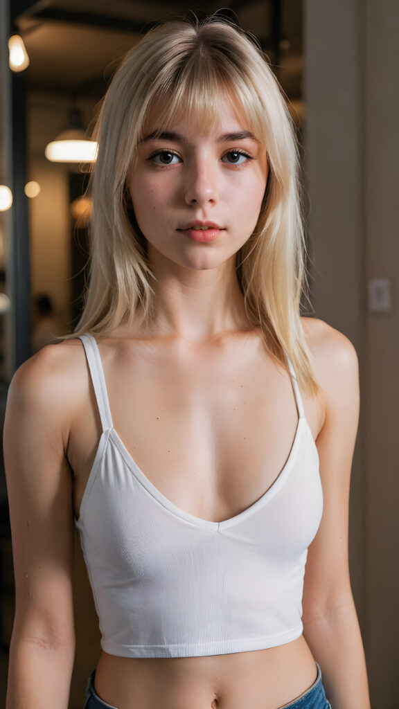 a thoughtful (((young cute and petite teen model girl))) with long soft, white straight hair framing her face, bangs, caught off guard as it cascades down her shoulders and covers her upper body in a in a plunge neck (((cropped low cut tank top))), expressing a mix of bashfulness and embarrassment, perfect curved fit body