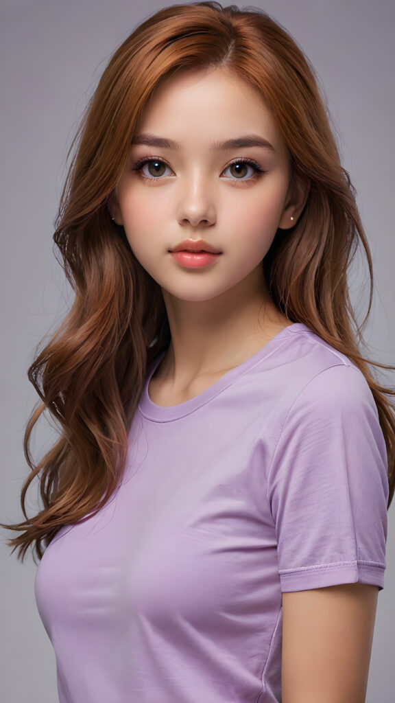 a thoughtful (((cute and petite girl))) with long, soft, red straight hair, detailed face, light brown realistic eyes, ((wears a form-fitting tight violet t-shirt)), soft lips and grey eyes that give off a romantic glow