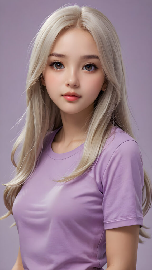 a thoughtful (((cute and petite girl))) with ((long, soft, white straight hair)), detailed round face, light brown realistic eyes, ((wears a form-fitting tight violet no printed t-shirt)), soft lips and grey eyes that give off a romantic glow