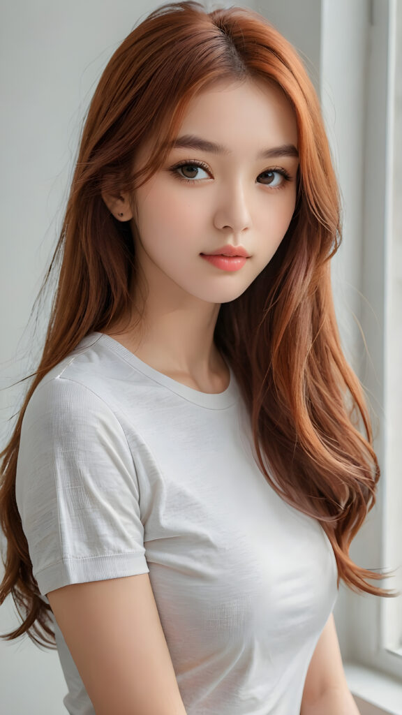 a thoughtful (((cute and petite girl))) with long, soft, red straight hair, soft lips and grey eyes that give off a romantic glow, wears a form-fitting tight t-shirt