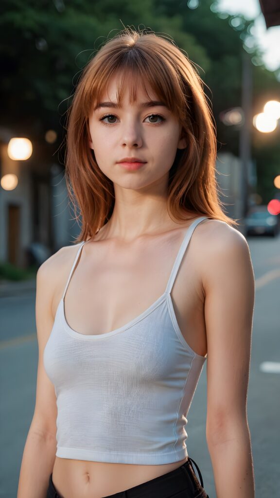 a thoughtful (((young cute teen and petite model girl))) with long soft, red straight hair framing her face, bangs, caught off guard as it cascades down her shoulders and covers her upper body in a in a plunge neck (((cropped low cut tank top)))