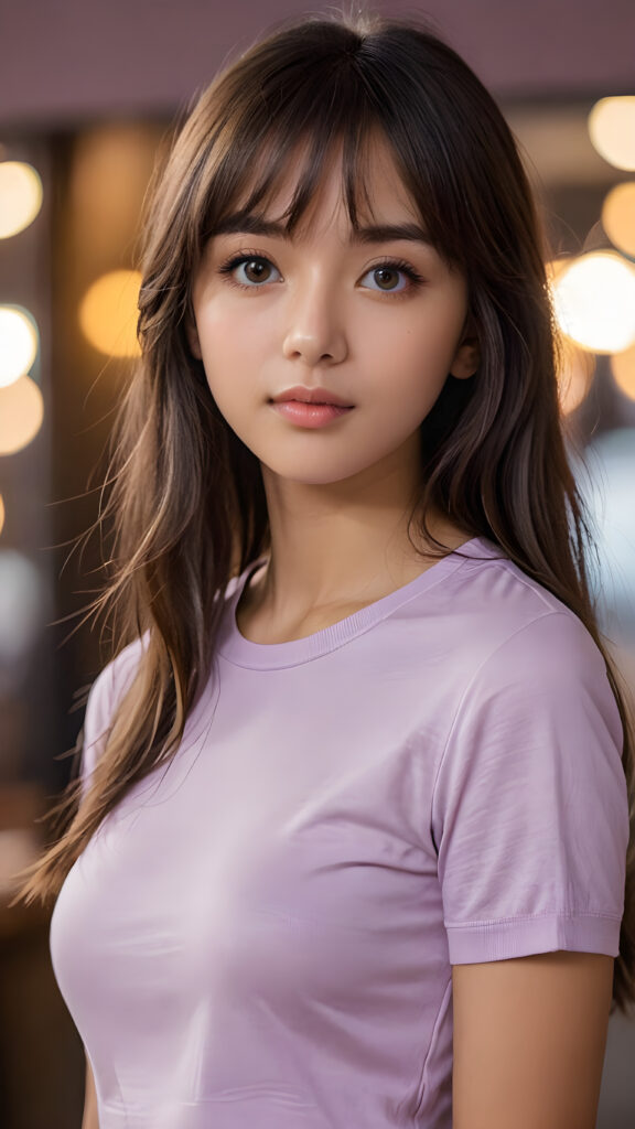 a thoughtful (((cute and petite girl))) with (long, soft, dark straight hair, bangs cut), soft lips and grey eyes that give off a romantic glow, ((wears a form-fitting tight light violet t-shirt))