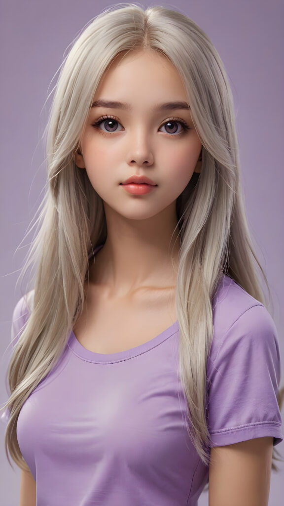 a thoughtful (((cute and petite girl))) with ((long, soft, white straight hair)), detailed round face, light brown realistic eyes, ((wears a form-fitting tight violet no printed t-shirt)), soft lips and grey eyes that give off a romantic glow