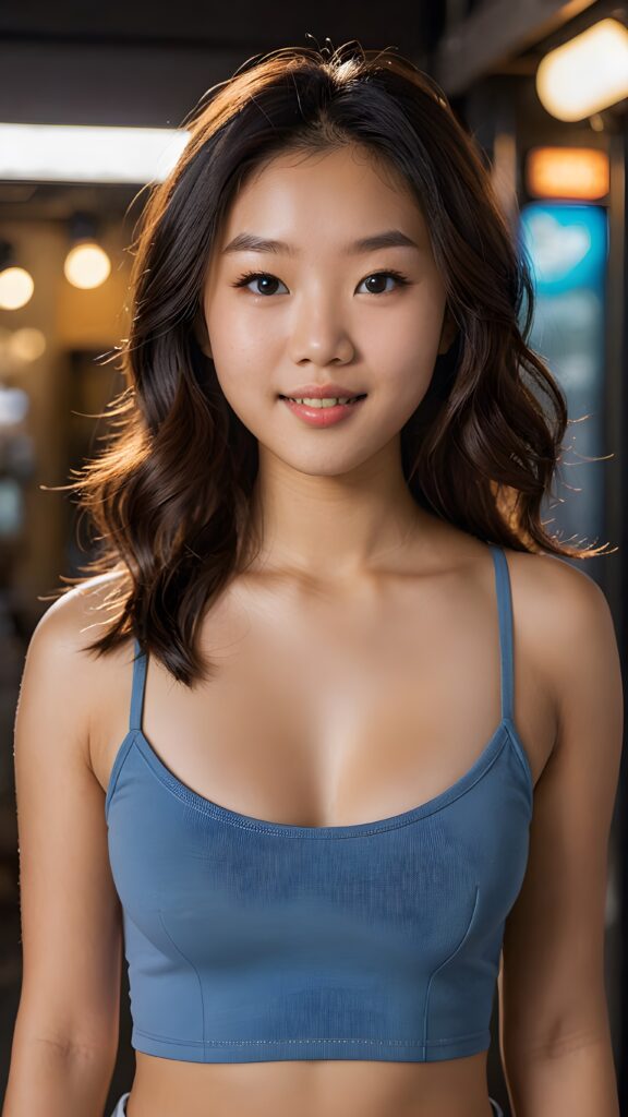 a (((tomboy Asian teen girl))) with long, (((realistically detailed hair))), poised in a (((cinematic light setup))) for a portrat-shot, her face radiant with happiness, featuring a (((flawlessly detailed round face))), a (((short form fitting crop top))) that showcases her perfect physique, and (((realistic details))), such as a (((curvy yet toned silhouette)))