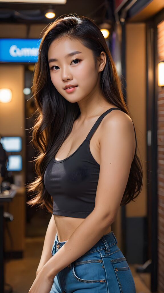 a (((tomboy Asian teen girl))) with long, (((realistically detailed hair))), poised in a (((cinematic light setup))) for a portrat-shot, her face radiant with happiness, featuring a (((flawlessly detailed round face))), a (((short form fitting crop top))) that showcases her perfect physique, and (((realistic details))), such as a (((curvy yet toned silhouette)))