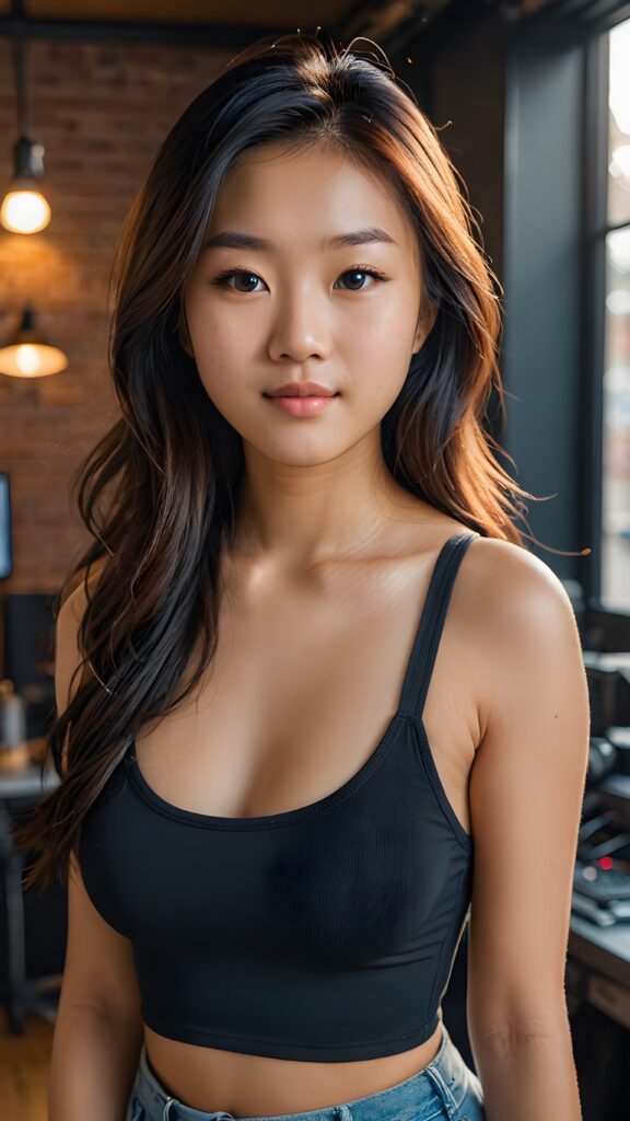 a (((tomboy Asian teen girl))) with long, (((realistically detailed hair))), poised in a (((cinematic light setup))) for a portrat-shot, her face radiant with happiness, featuring a (((flawlessly detailed round face))), a (((short form fitting crop top))) that showcases her perfect physique, and (((realistic details))), such as a (((curvy yet toned silhouette)))