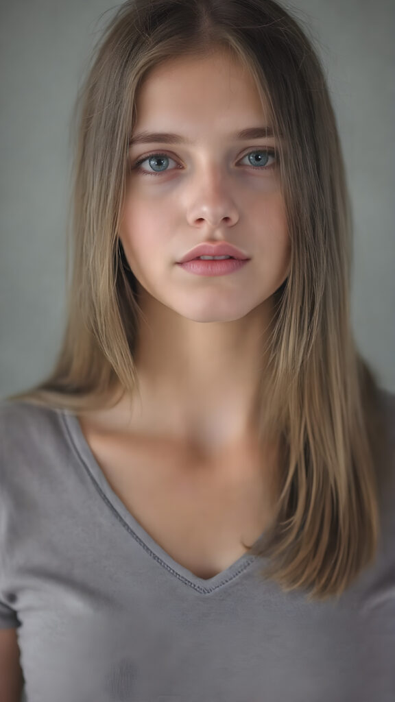 a upper body portrait from a young beautiful cute teen girl, 16 years old, perfect body, cropped short t-shirt, deep v-neck, straight jet hair, grey background, ((stunning)) ((gorgeous)) ((realistic detailed photo)), focus on center