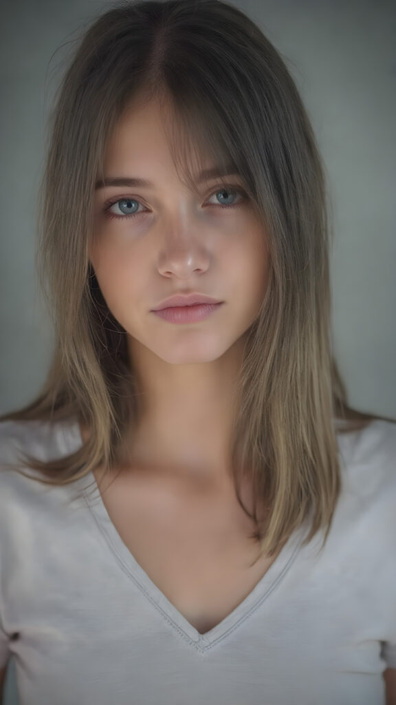 a upper body portrait from a young beautiful cute teen girl, 16 years old, perfect body, cropped short t-shirt, deep v-neck, straight jet hair, grey background, ((stunning)) ((gorgeous)) ((realistic detailed photo)), focus on center