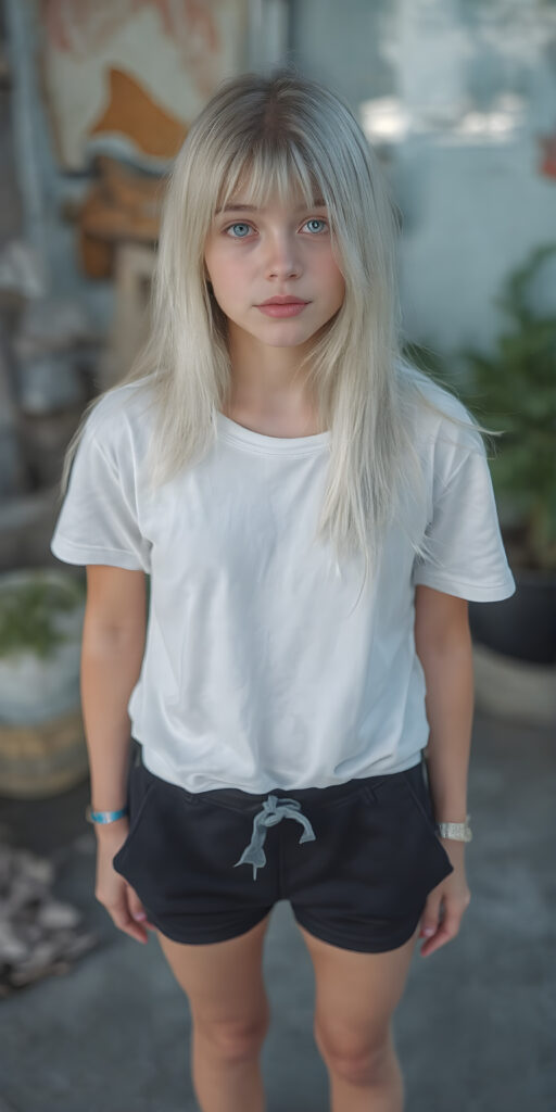 a upper body portrait, (((super cute adult girl))) with pale skin and (((adorable sparkling eyes))), along with long, flowing (((soft straight white hair))), dressed in a sleek ((white short t-shirt)), (((black mini shorts))), and (comfortable, casual shoes) that give off a cozy, laid-back vibe, she stands in front of the viewer